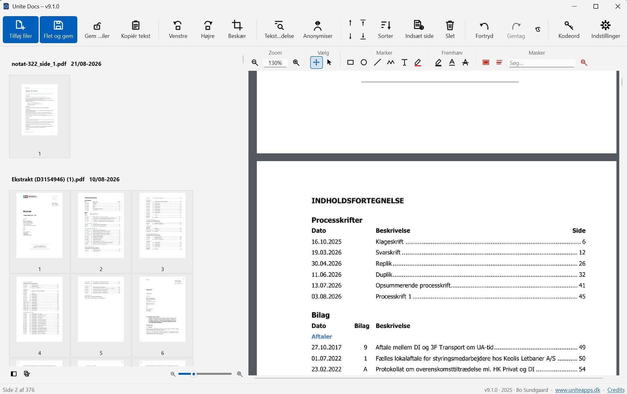 UniteDocs 9.1.0: åbne PDF-filer med dato og sideminiaturer i venstre panel, sidevisning til højre og en værktøjslinje med Anonymiser, Tekstgenkendelse, Beskær, Sorter, Marker, Fremhæv og Masker